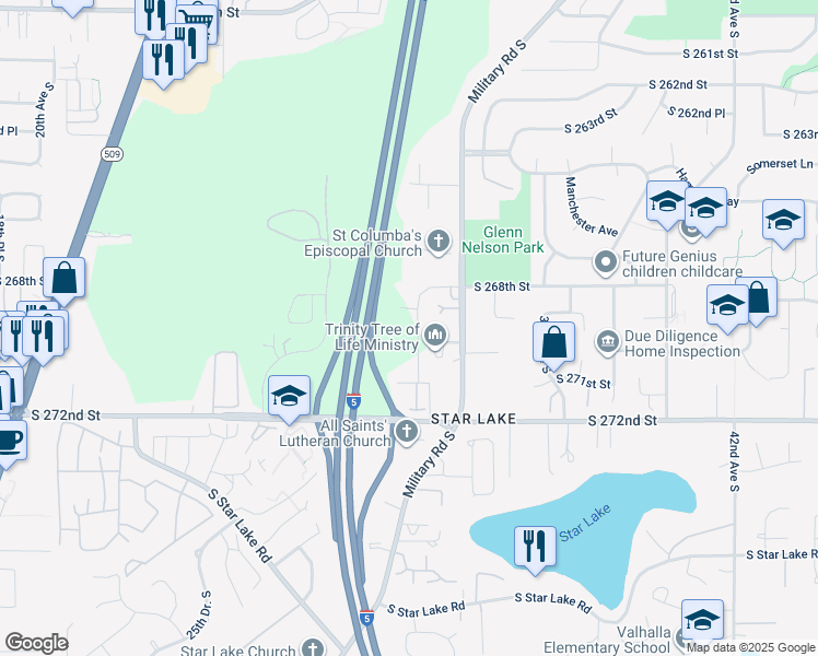 map of restaurants, bars, coffee shops, grocery stores, and more near 26905 30th Place South in Kent