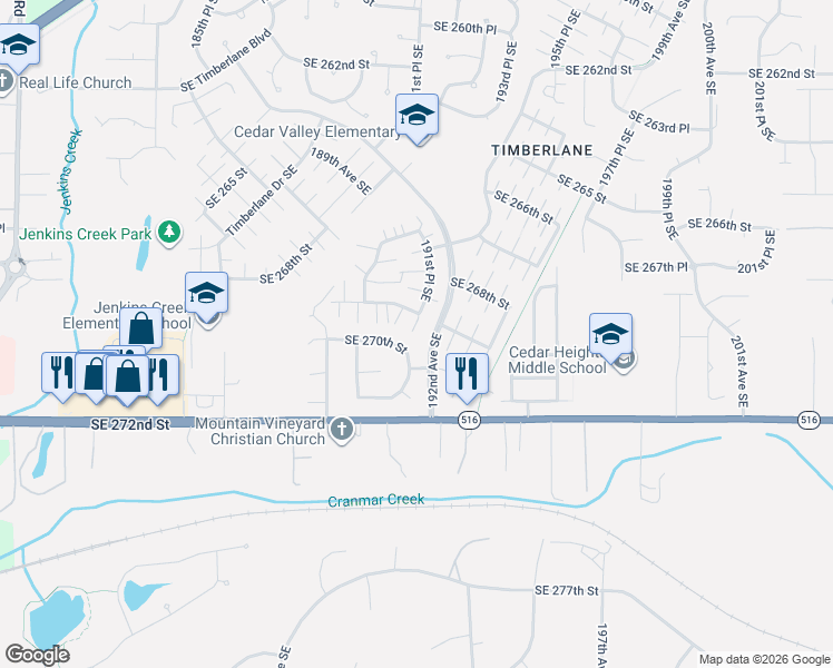 map of restaurants, bars, coffee shops, grocery stores, and more near 19055 Southeast 269th Street in Covington