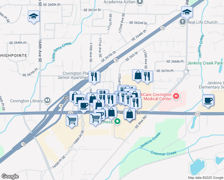 map of restaurants, bars, coffee shops, grocery stores, and more near 26831 172nd Place Southeast in Covington