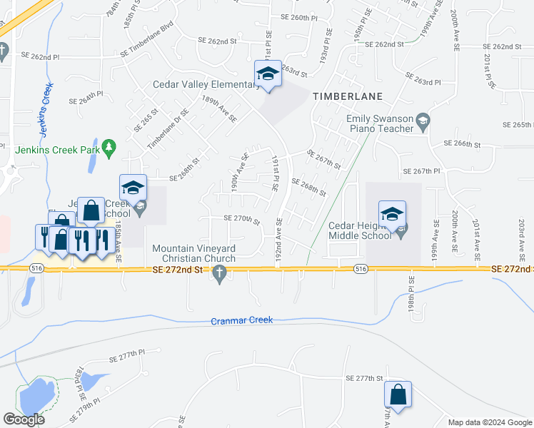 map of restaurants, bars, coffee shops, grocery stores, and more near 19055 Southeast 269th Street in Covington