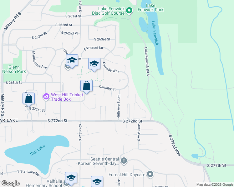 map of restaurants, bars, coffee shops, grocery stores, and more near 26821 Carnaby Way in Kent