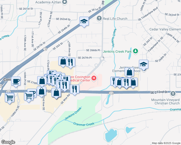 map of restaurants, bars, coffee shops, grocery stores, and more near 17647 Southeast 268th Place in Covington