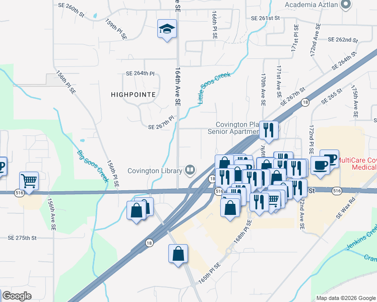 map of restaurants, bars, coffee shops, grocery stores, and more near 26818 164th Avenue Southeast in Covington