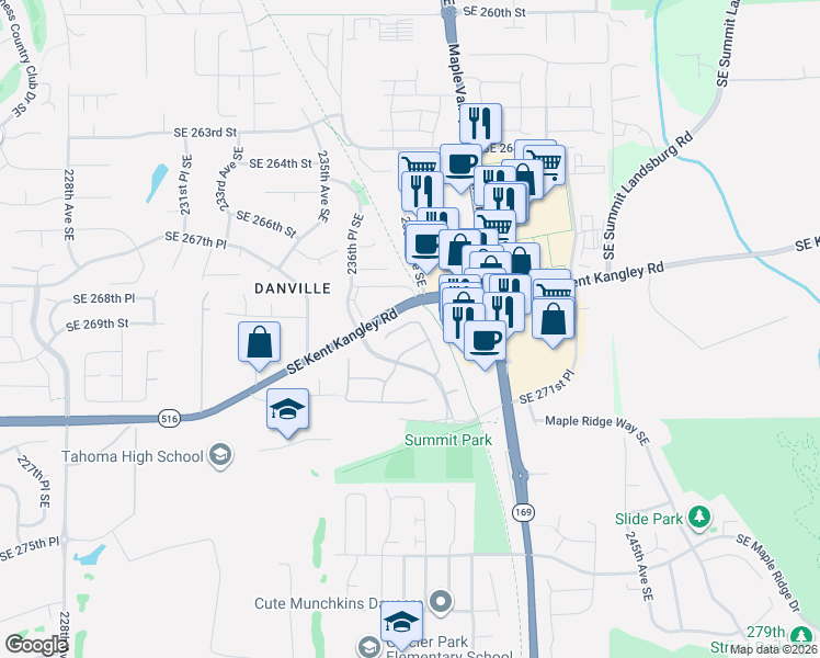 map of restaurants, bars, coffee shops, grocery stores, and more near 23846 238th Avenue Southeast in Maple Valley
