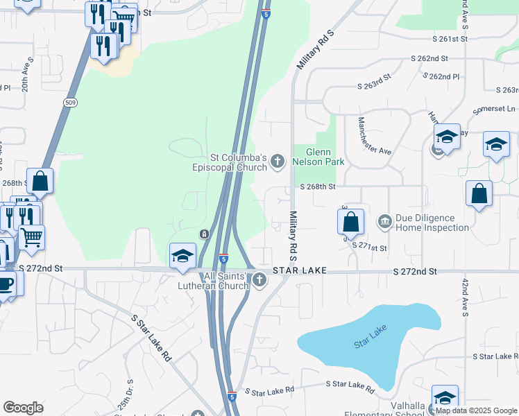 map of restaurants, bars, coffee shops, grocery stores, and more near 26831 30th Place South in Kent
