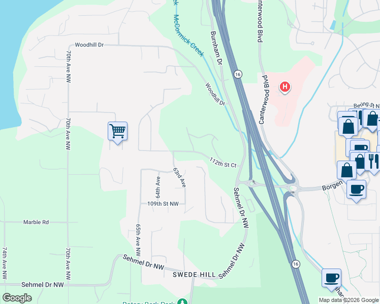 map of restaurants, bars, coffee shops, grocery stores, and more near 112th Street in Gig Harbor