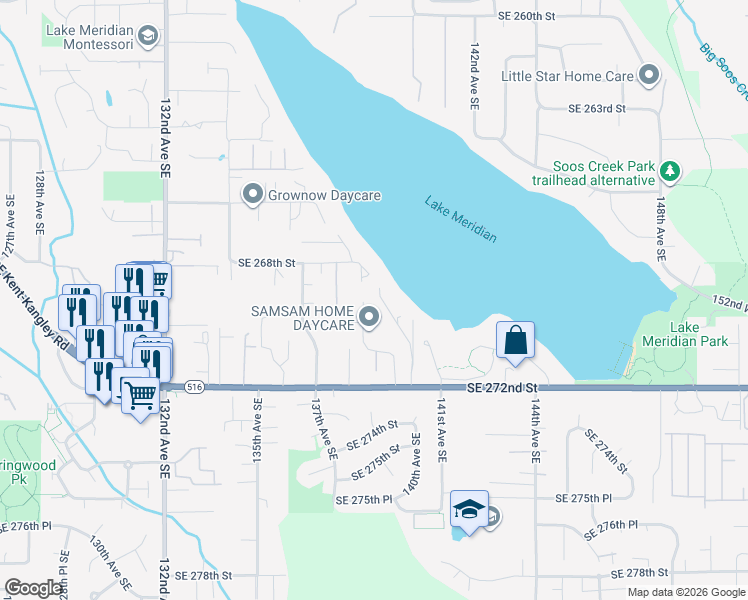 map of restaurants, bars, coffee shops, grocery stores, and more near 26820 138th Place Southeast in Kent