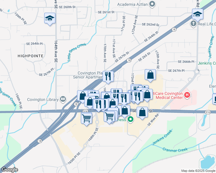 map of restaurants, bars, coffee shops, grocery stores, and more near 16908 Southeast 269th Place in Covington