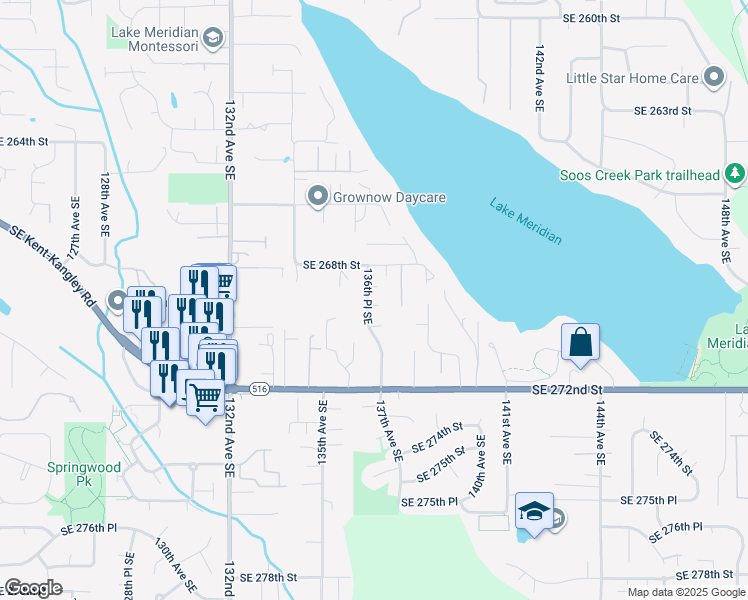 map of restaurants, bars, coffee shops, grocery stores, and more near 26904 136th Place Southeast in Kent