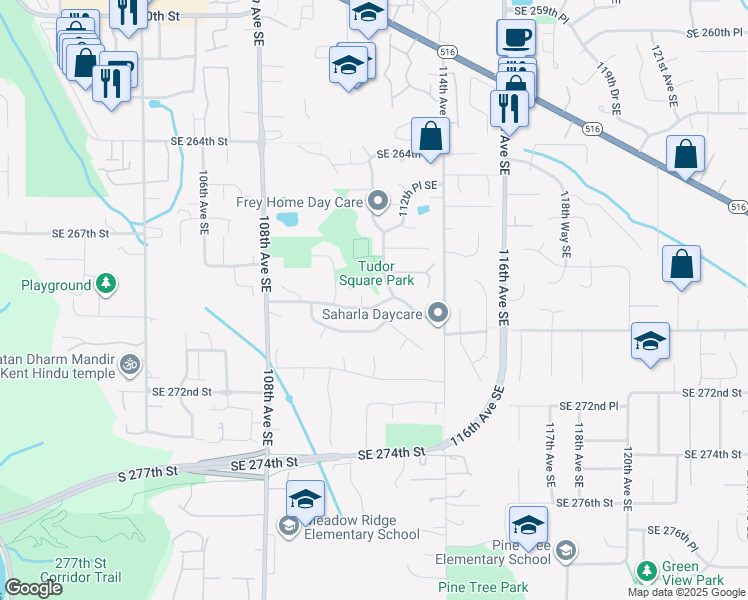 map of restaurants, bars, coffee shops, grocery stores, and more near 11118 Southeast 269th Street in Kent
