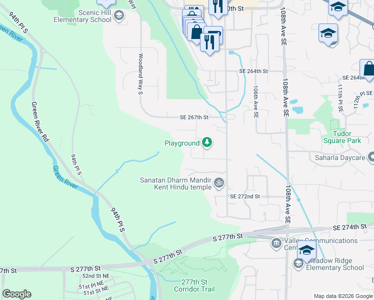 map of restaurants, bars, coffee shops, grocery stores, and more near 26911 101st Court Southeast in Kent