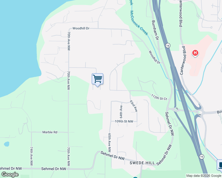 map of restaurants, bars, coffee shops, grocery stores, and more near 112th Street in Gig Harbor