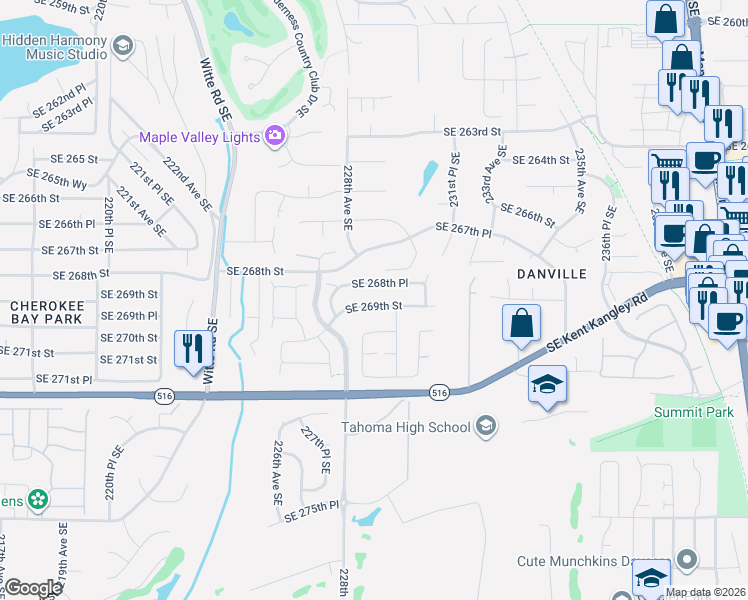 map of restaurants, bars, coffee shops, grocery stores, and more near 22830 Southeast 269th Street in Maple Valley