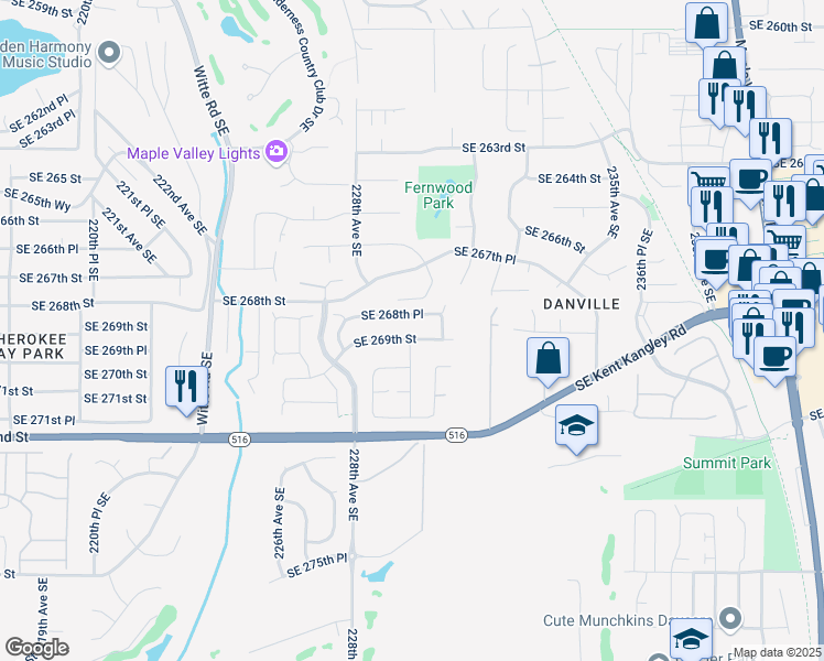 map of restaurants, bars, coffee shops, grocery stores, and more near 22849 Southeast 268th Place in Maple Valley