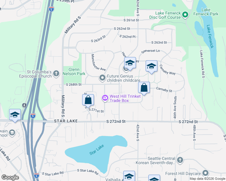 map of restaurants, bars, coffee shops, grocery stores, and more near 3922 South 269th Street in Kent