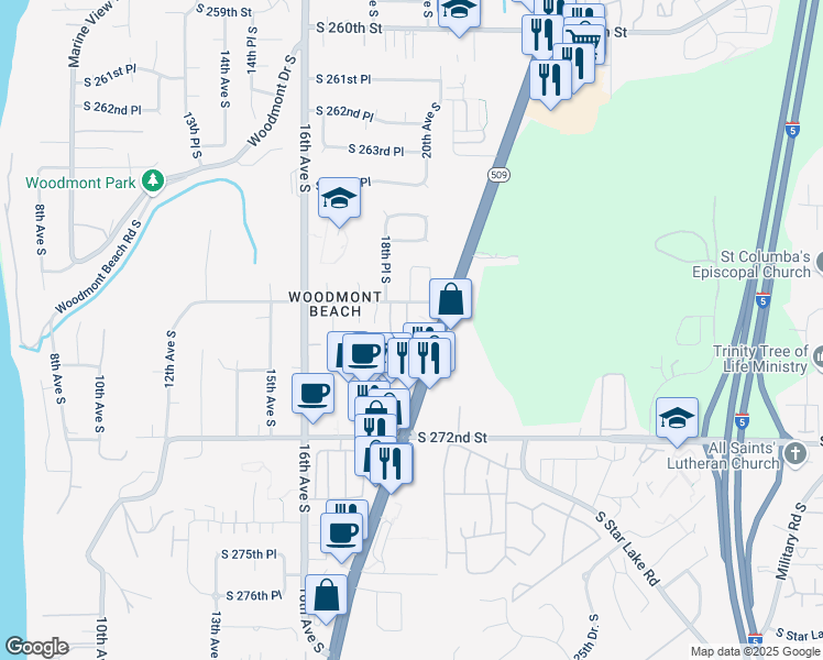 map of restaurants, bars, coffee shops, grocery stores, and more near 26809 Washington 509 in Kent