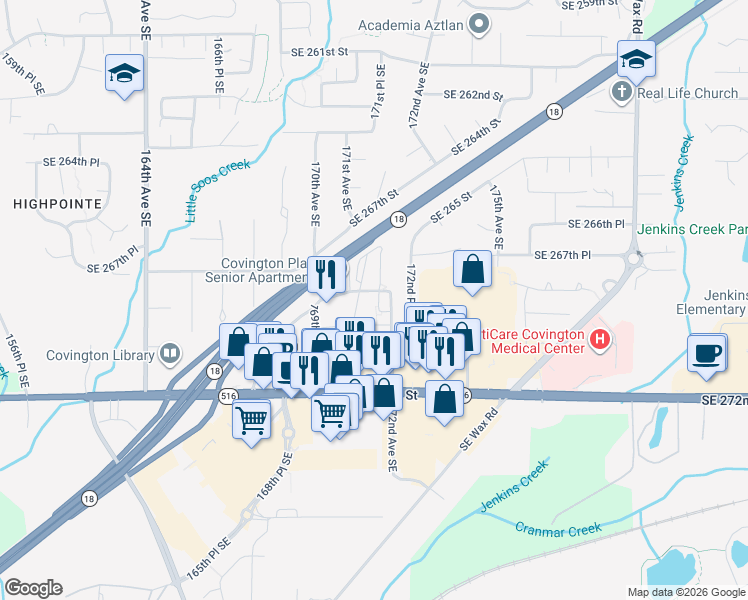 map of restaurants, bars, coffee shops, grocery stores, and more near 17126 Southeast 269th Place in Covington