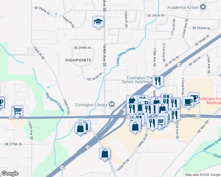 map of restaurants, bars, coffee shops, grocery stores, and more near 16420 Southeast 269th Street in Covington