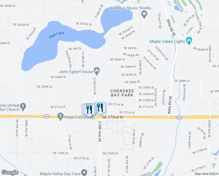 map of restaurants, bars, coffee shops, grocery stores, and more near 21654 Southeast 269th Street in Maple Valley