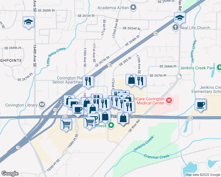 map of restaurants, bars, coffee shops, grocery stores, and more near 26831 172nd Place Southeast in Covington