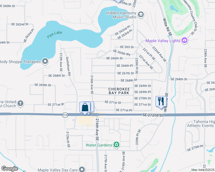 map of restaurants, bars, coffee shops, grocery stores, and more near 21654 Southeast 269th Street in Maple Valley