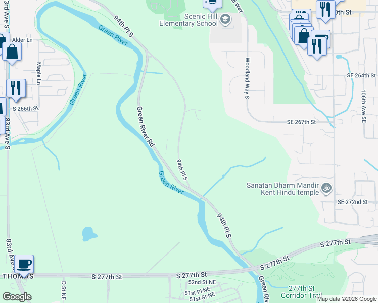 map of restaurants, bars, coffee shops, grocery stores, and more near 26828 94th Place South in Kent