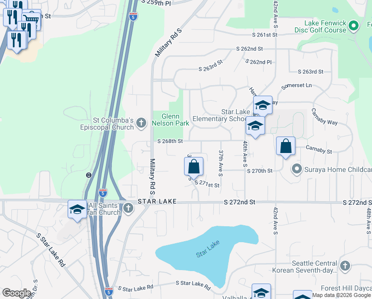 map of restaurants, bars, coffee shops, grocery stores, and more near 26901 35th Avenue South in Kent