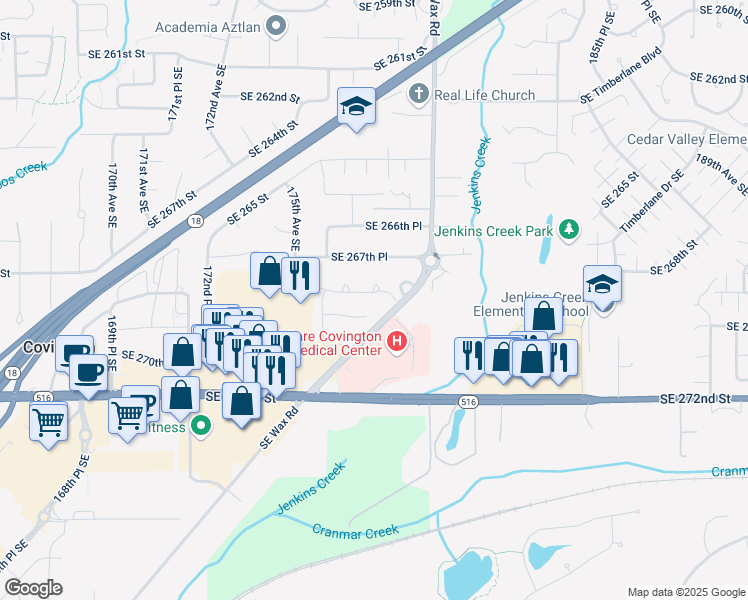 map of restaurants, bars, coffee shops, grocery stores, and more near 17647 Southeast 268th Place in Covington