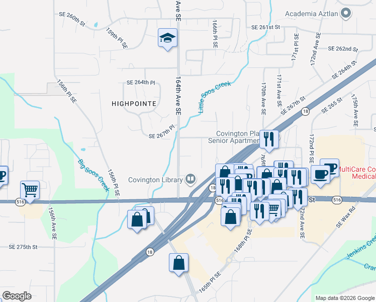 map of restaurants, bars, coffee shops, grocery stores, and more near 16420 Southeast 269th Street in Covington