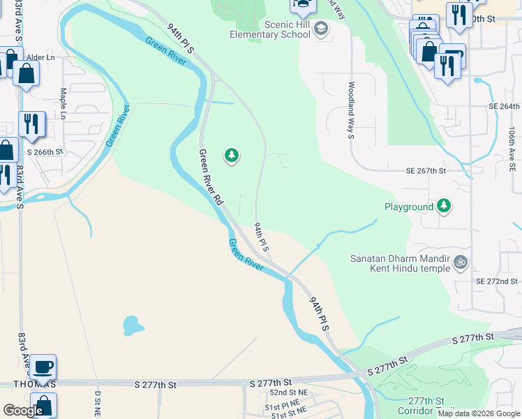 map of restaurants, bars, coffee shops, grocery stores, and more near 26828 94th Place South in Kent