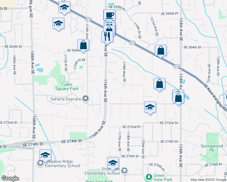 map of restaurants, bars, coffee shops, grocery stores, and more near 11625 Southeast 269th Street in Kent