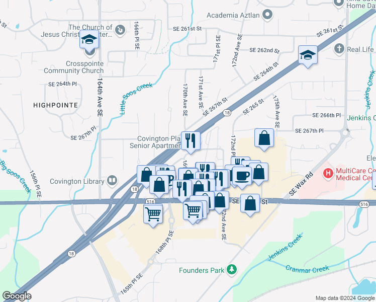 map of restaurants, bars, coffee shops, grocery stores, and more near 26902 169th Place Southeast in Covington