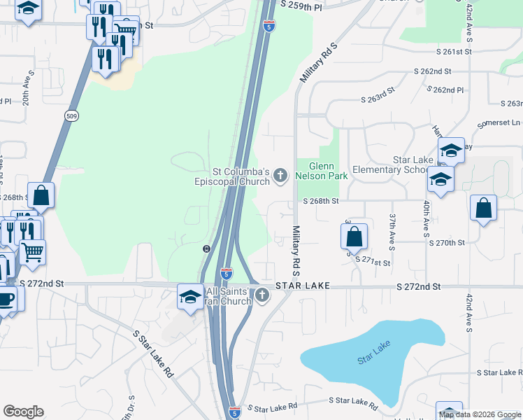 map of restaurants, bars, coffee shops, grocery stores, and more near 26809 Military Road South in Kent