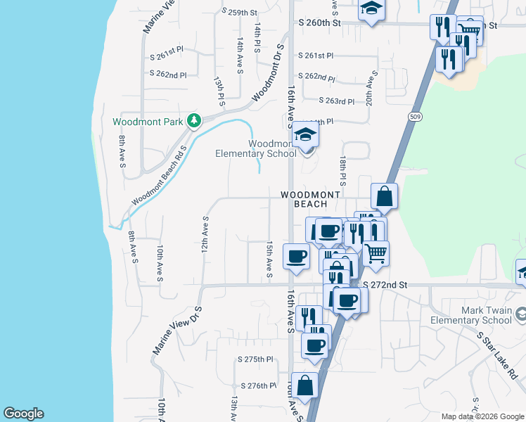 map of restaurants, bars, coffee shops, grocery stores, and more near 26812 15th Avenue South in Des Moines