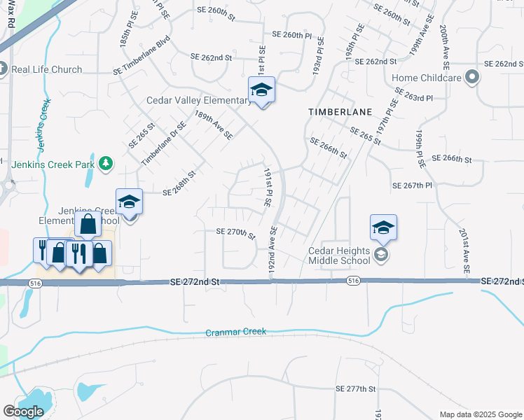 map of restaurants, bars, coffee shops, grocery stores, and more near 19052 Southeast 269th Street in Covington