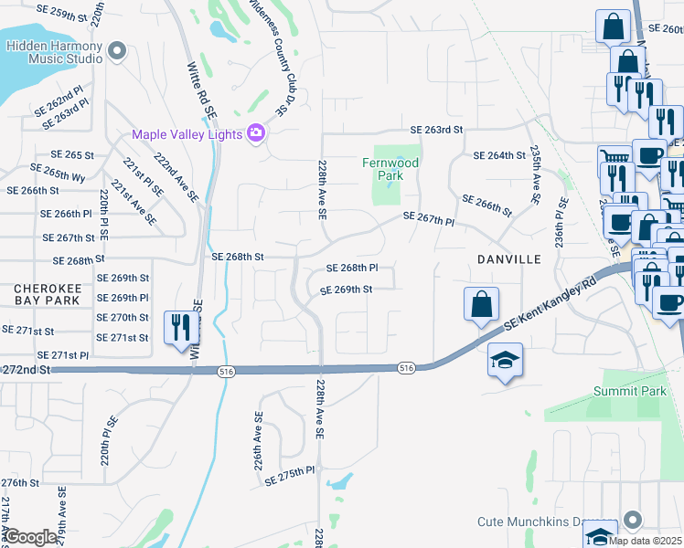 map of restaurants, bars, coffee shops, grocery stores, and more near 22813 Southeast 268th Place in Maple Valley