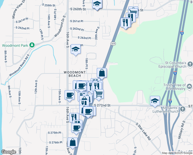 map of restaurants, bars, coffee shops, grocery stores, and more near 26809 Washington 509 in Kent