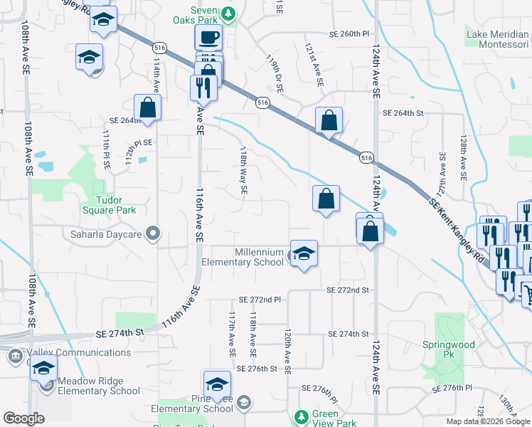 map of restaurants, bars, coffee shops, grocery stores, and more near 26812 119th Avenue Southeast in Kent