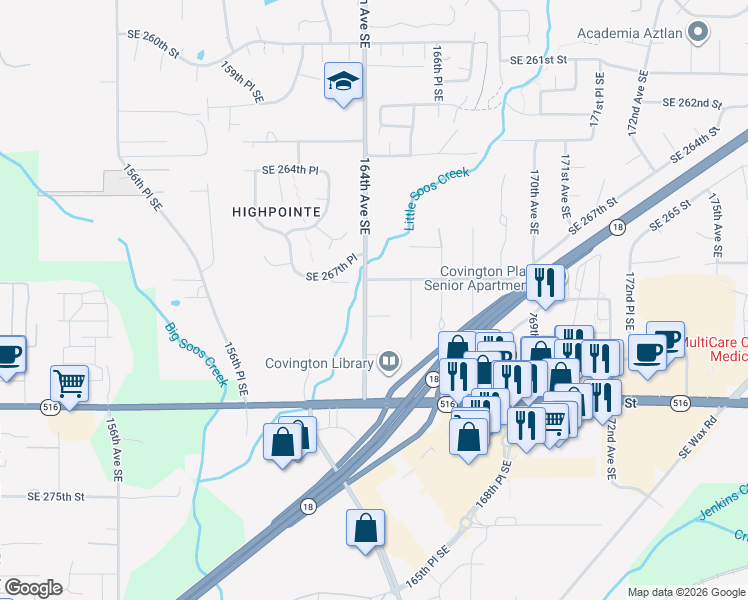 map of restaurants, bars, coffee shops, grocery stores, and more near 26818 164th Avenue Southeast in Covington