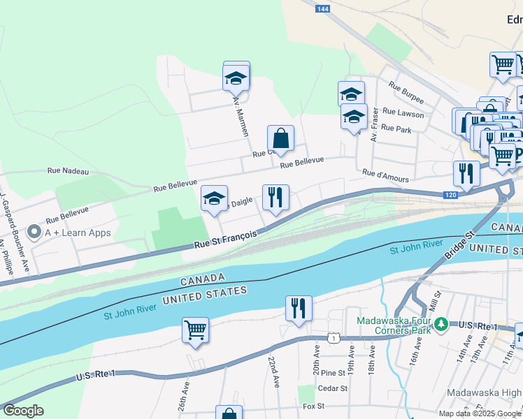 map of restaurants, bars, coffee shops, grocery stores, and more near 21 Rue Rosario in Edmundston