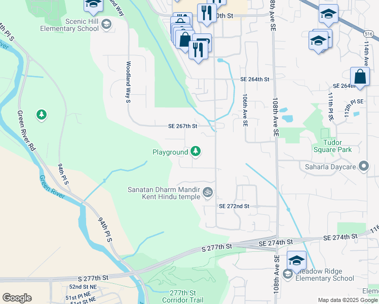 map of restaurants, bars, coffee shops, grocery stores, and more near 26827 102nd Place Southeast in Kent