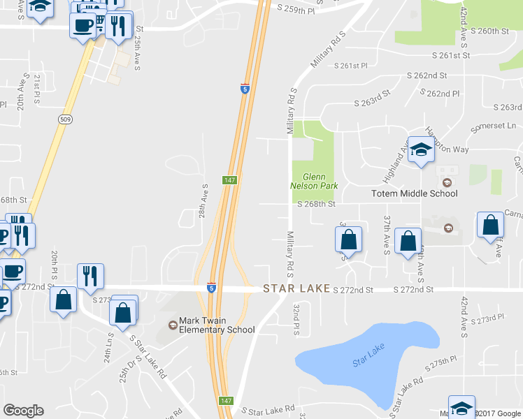 map of restaurants, bars, coffee shops, grocery stores, and more near 26809 Military Road South in Kent