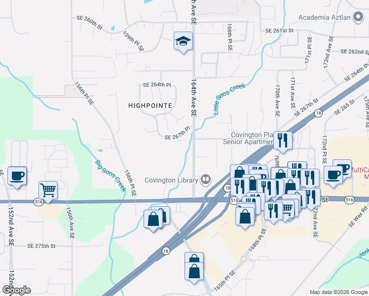 map of restaurants, bars, coffee shops, grocery stores, and more near 26819 164th Avenue Southeast in Covington