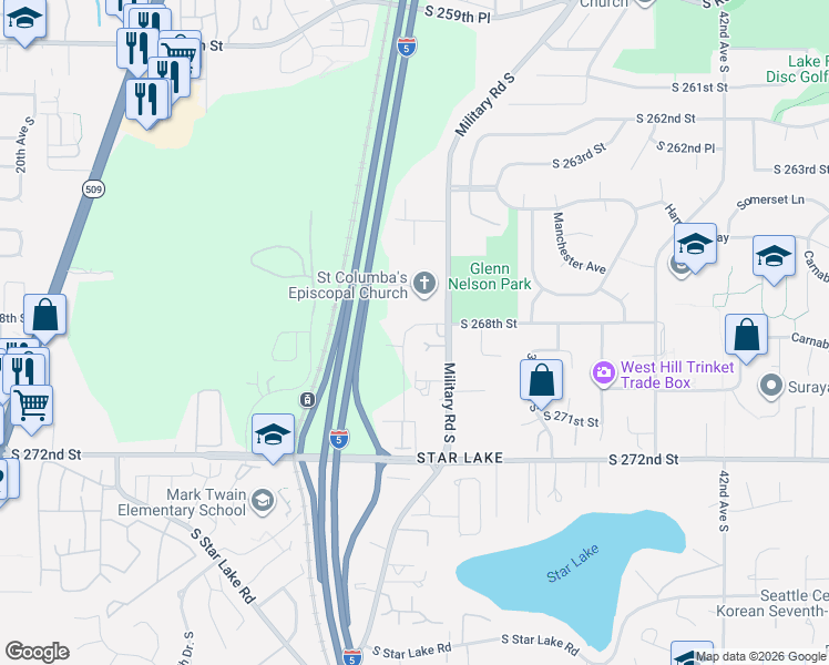 map of restaurants, bars, coffee shops, grocery stores, and more near 26809 Military Road South in Kent