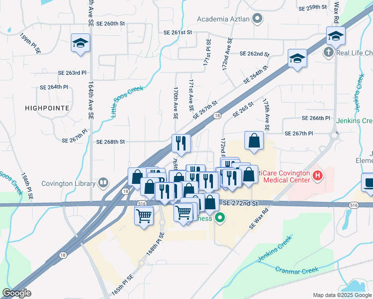 map of restaurants, bars, coffee shops, grocery stores, and more near 26902 169th Place Southeast in Covington