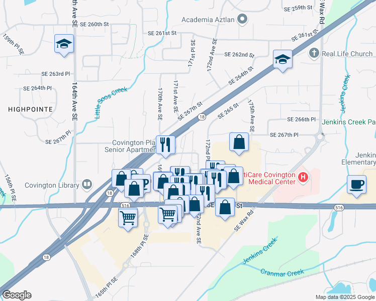 map of restaurants, bars, coffee shops, grocery stores, and more near 17110 Southeast 268th Place in Covington