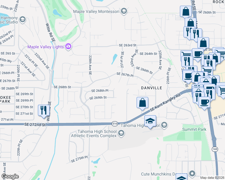 map of restaurants, bars, coffee shops, grocery stores, and more near 26822 230th Place Southeast in Maple Valley