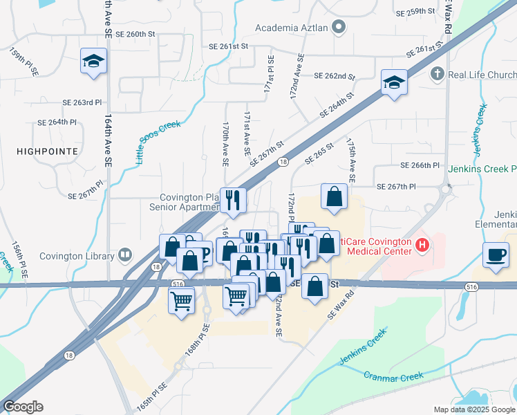 map of restaurants, bars, coffee shops, grocery stores, and more near 17110 Southeast 268th Place in Covington