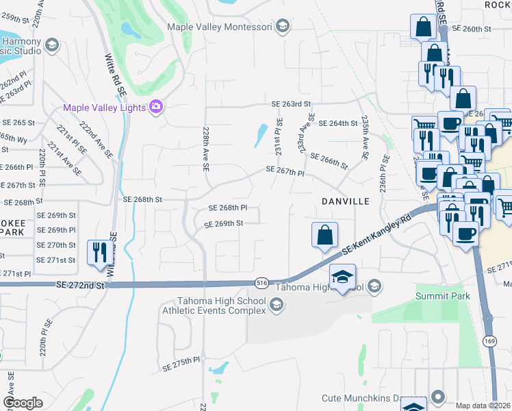 map of restaurants, bars, coffee shops, grocery stores, and more near 26822 230th Place Southeast in Maple Valley