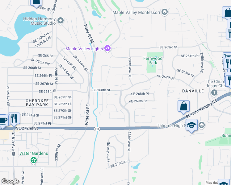 map of restaurants, bars, coffee shops, grocery stores, and more near 22622 Southeast 268th Place in Maple Valley
